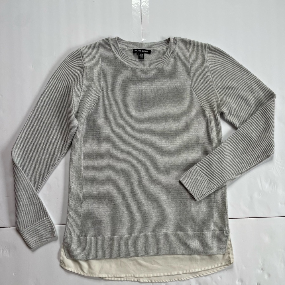 Hilary Radley Heather Light Gray Crewneck Sweater with Layered Hem